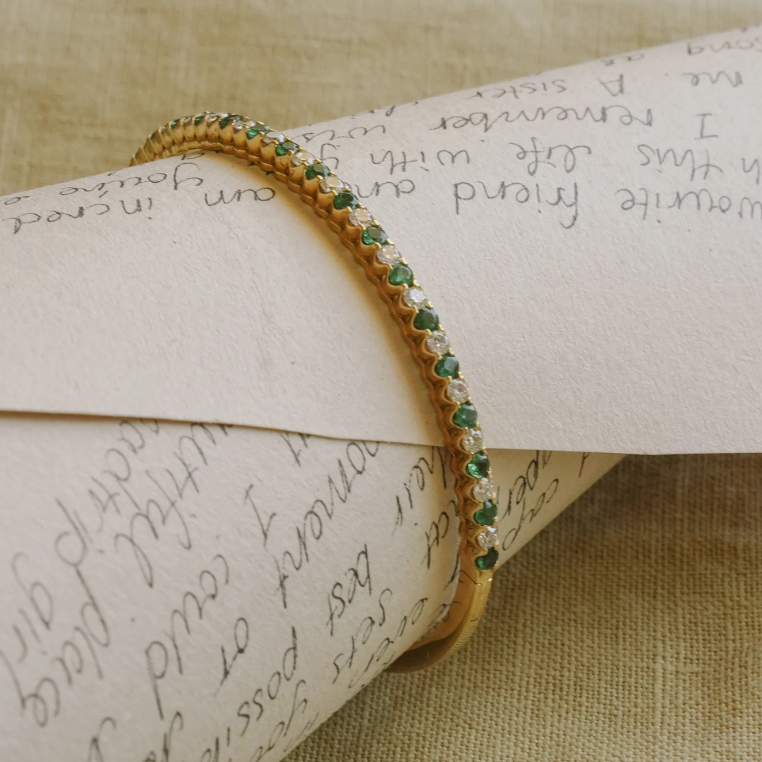 9kt White Diamond and Emerald Bangle