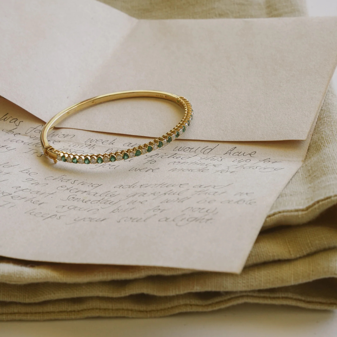 9kt White Diamond and Emerald Bangle