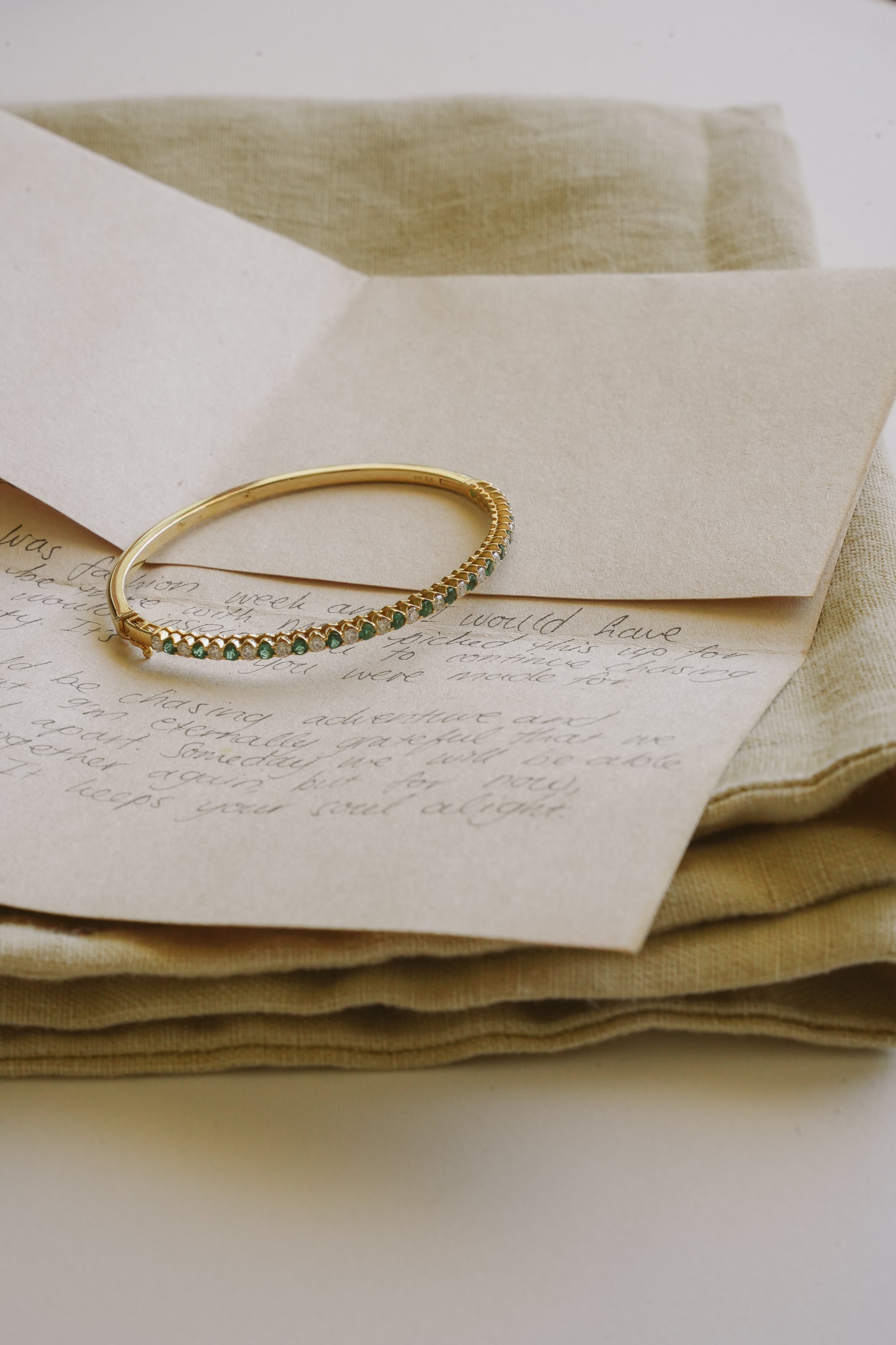 9kt White Diamond and Emerald Bangle