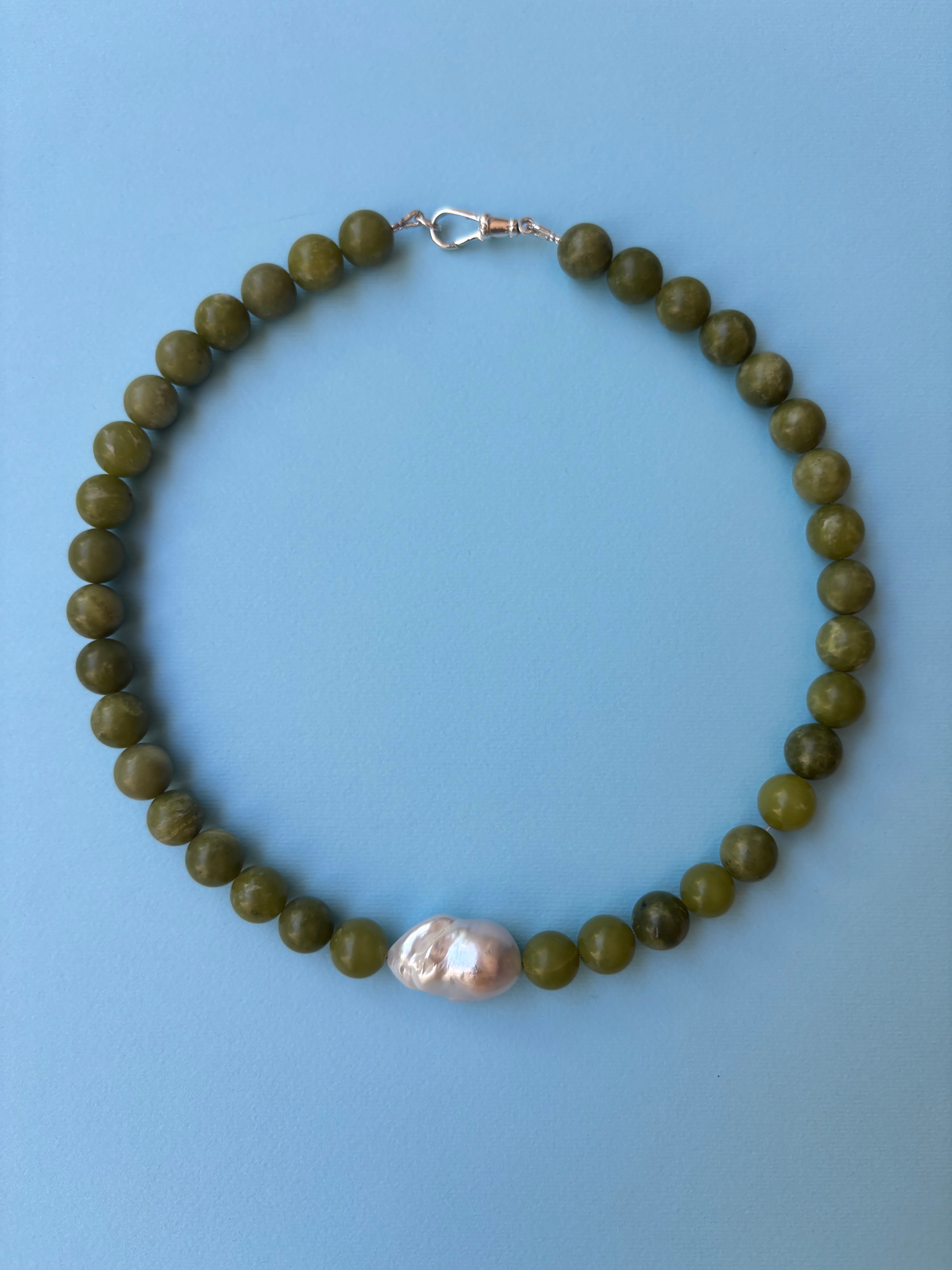 Chunky Olive Jade & Baroque Pearl Beads